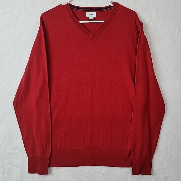 Old Navy Sweater Mens Medium Burgundy Red Cotton V Neck Pullover Lightweight - Picture 1 of 10